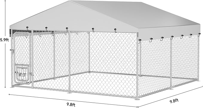 DWVO 10'x10' Dog Kennel Outdoor with Rotating Feeder Bowls, Outdoor Dog Pens with Roof, Heavy Duty Dog House for Medium Large Dogs
