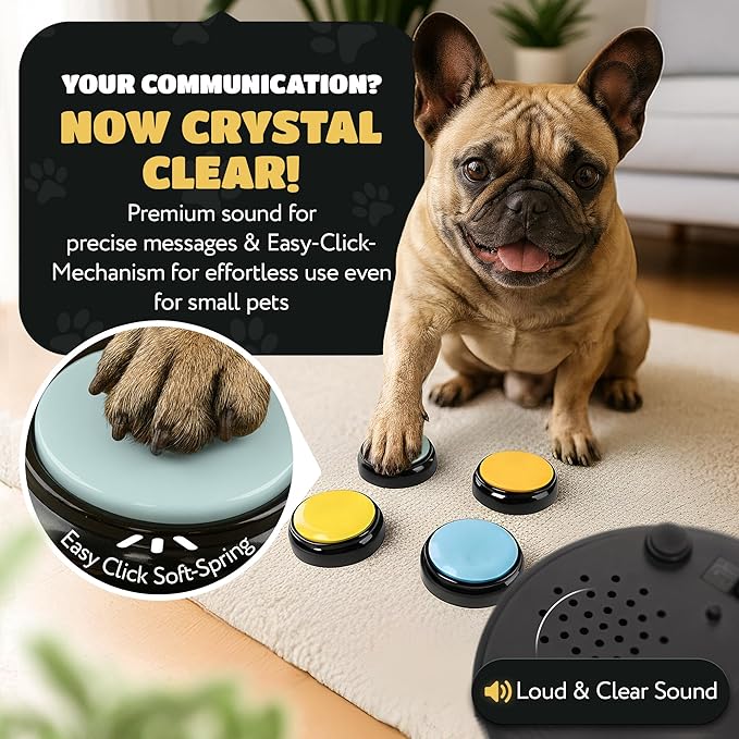 KUL KING'S Waterproof & Non-Slip Dog Command Buttons - 4 Recordable Buttons with Batteries, Stickers, Training Guide - Talking Dog Buttons for Communication