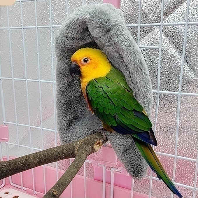 Bird Corner Fleece Warmer, Soft Velveteen Bed for Parrot Parakeet Cockatiel, Lightweight Washable Bird Cage Blanket, Winter Warm Hideaway (Grey)