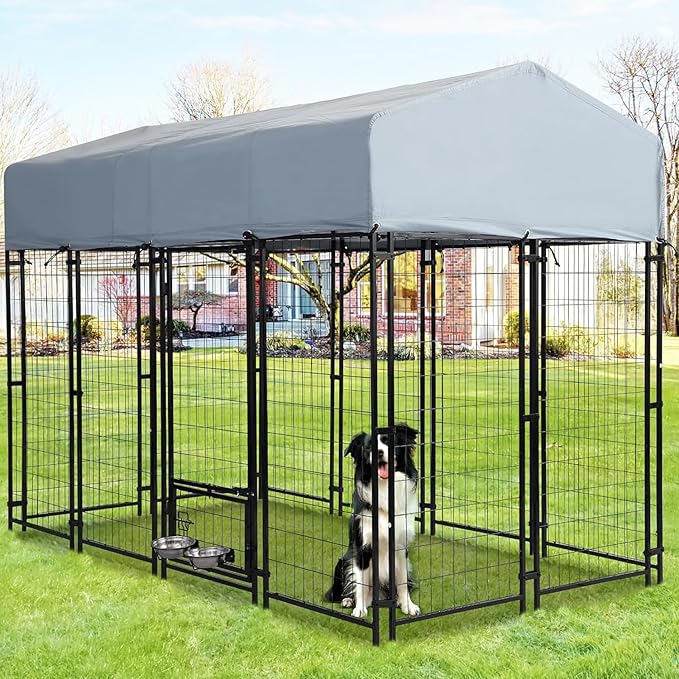 Outdoor Dog Kennel, 8x4x5.7 FT Dog Enclosure with Waterproof Roof Cover & 2 Rotating Dog Bowls for Large Dogs, Welded Wire Steel Outside Dog Fence Dogs Exercise with Secure Lock