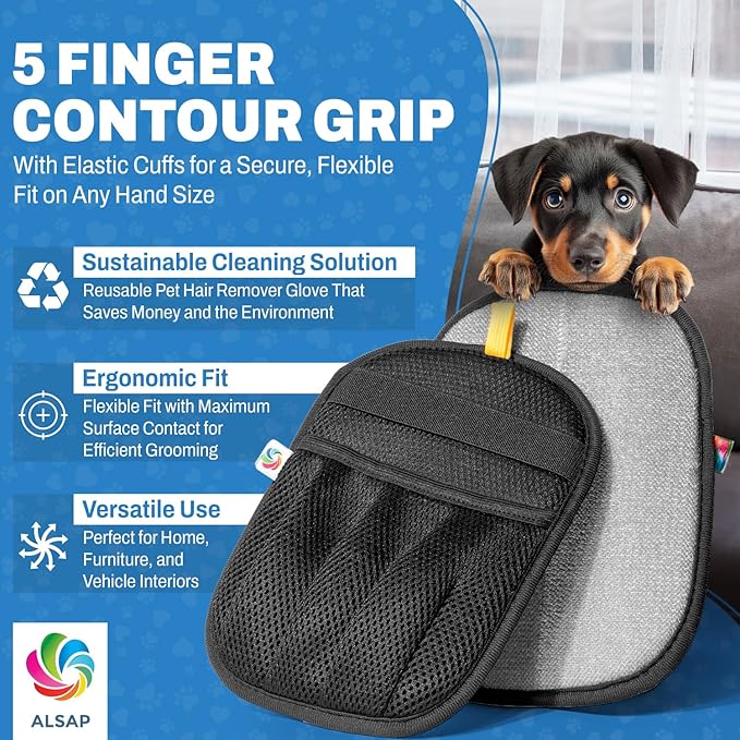 Pet Hair Removal Gloves for Dogs & Cats | Electrostatic Reusable Fur Remover Mitt for Furniture, Carpet & Clothes, Couch Car| Pet Fur Cleaning Tool with Carpet Scraper (Black - 1 Pc)