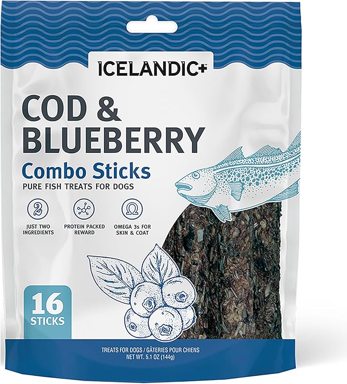 Icelandic+ Combo Sticks: Cod & Blueberry - 16ct, 5.1oz Bag - Dog Treats, 2 Ingredient Pet Snacks, Wild Caught Fish, Slow Baked, Crunchy Natural Chews