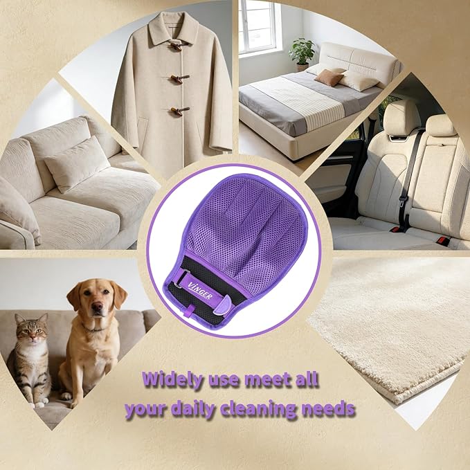 VINGER Pet Hair Removal Glove for Cats & Dogs, Electrostatic Pet Hair Gloves with Adjustable Wristband, Five-Finger Magic Brush Remover Tool for Laundry, Carpet, Couch, Car Seats & Clothing (Purple)