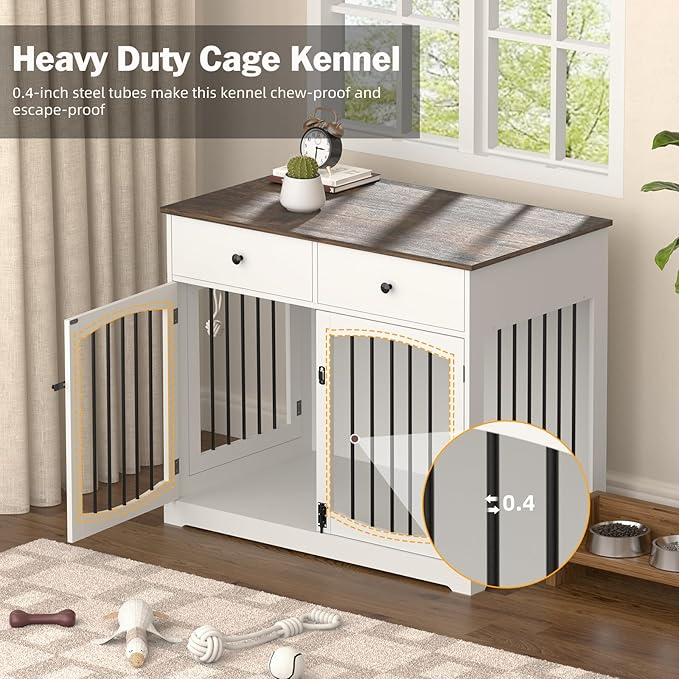 Kucreiheat 40'' Wooden Dog Crate Furniture–Farmhouse Dog Kenel-Multi Purpose Pet House with Double Doors, 2 Drawers, for Small, Medium & Large Dogs–White & Brown Finish