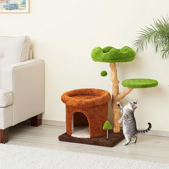 Cat Tree Tower, 32-Inch Multi-Level Natural Wooden Cat Furniture with Sisal Scratching Posts, Beds & Condo, Cute Cat Tree for Indoor Cats, Multi-Cat House Hold solds