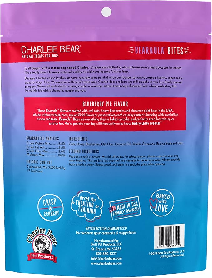 Charlee Bear Bearnola Bites Crunchy Dog Treats, Blueberry Pie, 8 Ounce Resealable Bag, Limited Ingredient, Natural, Healthy Granola Dog Snacks, Made in USA
