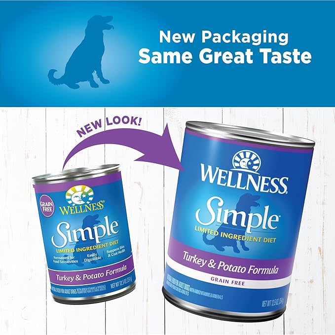 Wellness Simple Limited Ingredient Diet Adult Canned Wet Dog Food, Wholesome Grains, Natural, Turkey and Potato Recipe, 12.5 oz, Pack of 12 Cans