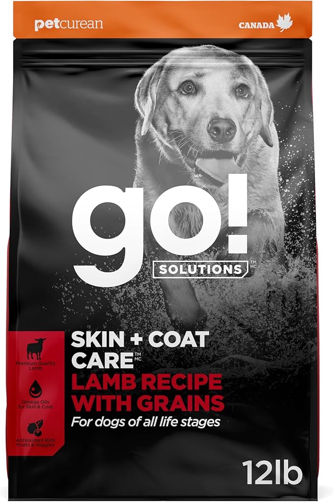 Go! Solutions Skin + Coat Care Lamb Dry Dog Food with Grains, Chicken-Free, Healthy Kibble with Omega-3s & 6s for Soft, Shiny Fur, for Puppies, Adults, & Seniors, 12 lb Bag