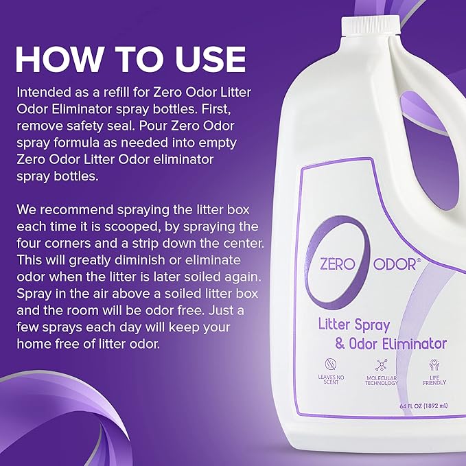 Zero Odor Litter Odor Eliminator, Cat Litter Box Deodorizer, Pet Safe Formula for All Litter Types, Refill, 64 oz