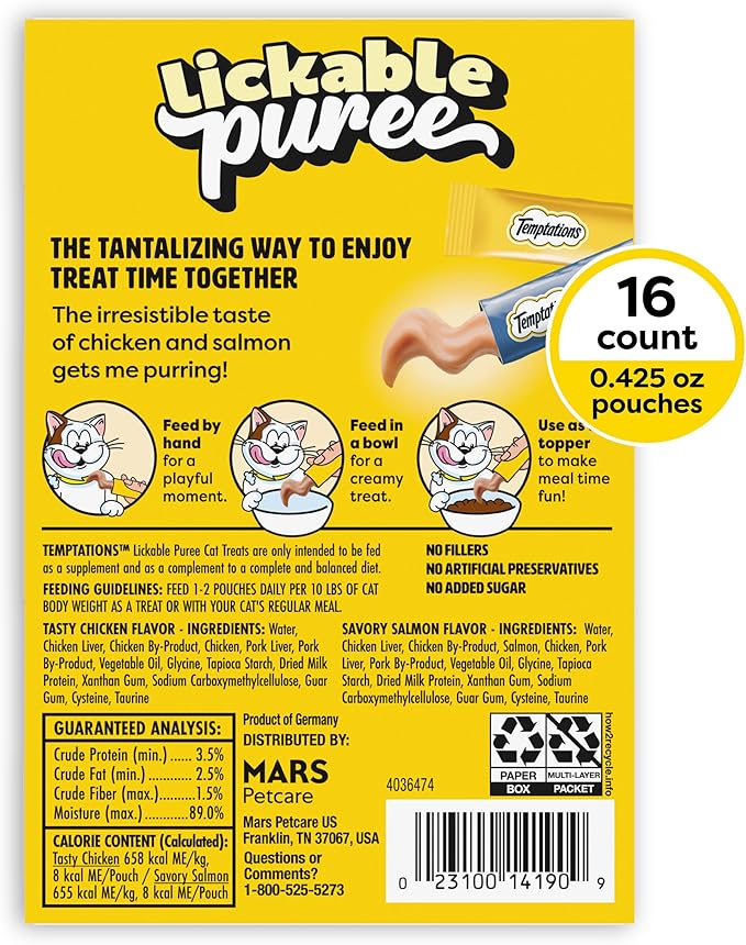 Temptations Creamy Puree Squeezable Lickable Cat Treats, Wet Cat Treats with Salmon and Chicken Variety Pack, 0.42 oz. Tubes, 16 Count