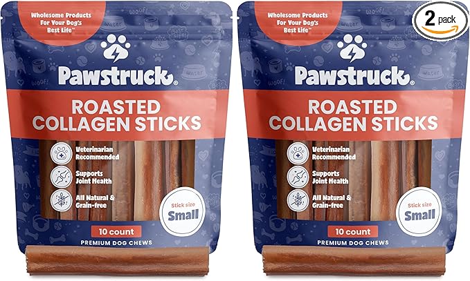 Pawstruck All Natural 5-6" Roasted Collagen Sticks for Dogs - Low Odor & Long Lasting Alternative to Bully Sticks and Rawhide Chews - Single Ingredient & Vet Approved - 20 Pack - Packaging May Vary