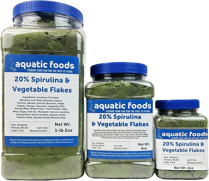 Premium Spirulina & Vegetable Flakes with 20% Spirulina for African Cichlids, Angle Fish, All Tropical Fish Also Pellet Mix, Wafer Mix Included…6oz