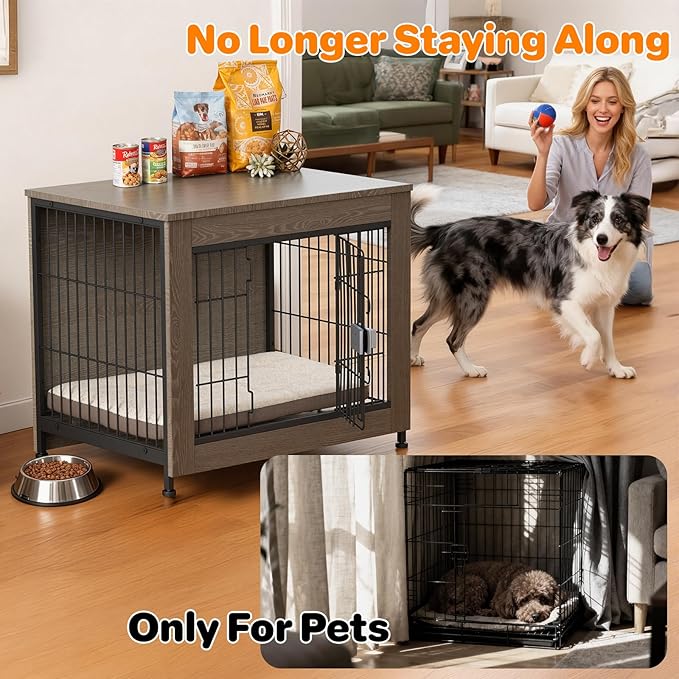 Escape Proof Decorative Dog Crate Furniture with Wooden Top, 27in Furniture Style End Table and Secure Indoor Kennel, Anti Anxiety for All Breeds, Greige