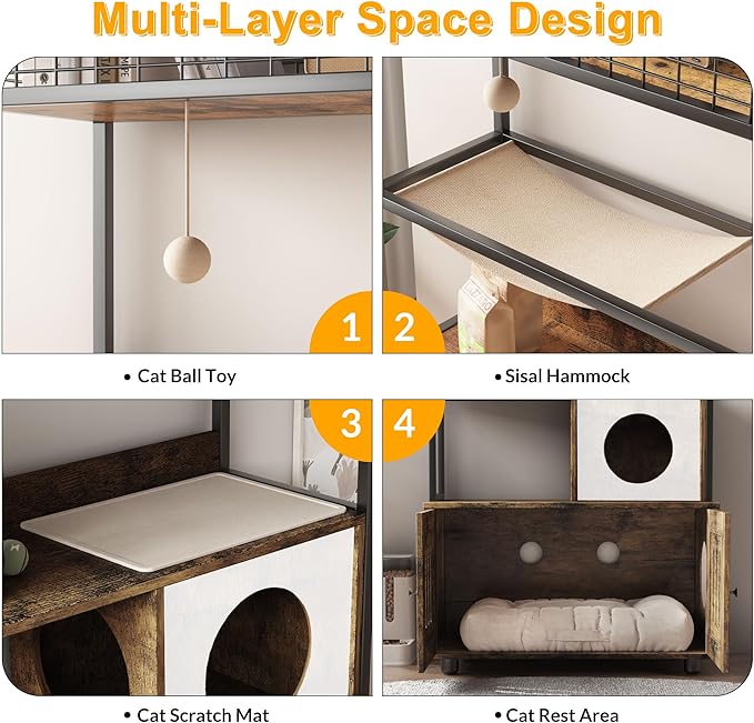 Garvee Cat Litter Box Enclosures with Storage Rack, Enclosed Litter Box Furniture, Hammock, Sisal Balls and Cat Scratching Mat