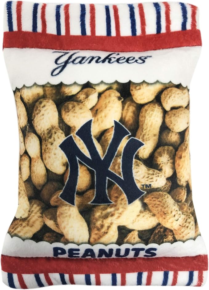 MLB New York Yankees Plush Peanuts Snack Toy for Dogs & Cats with Embroidered Team Name & Logo with Inner Squeaker