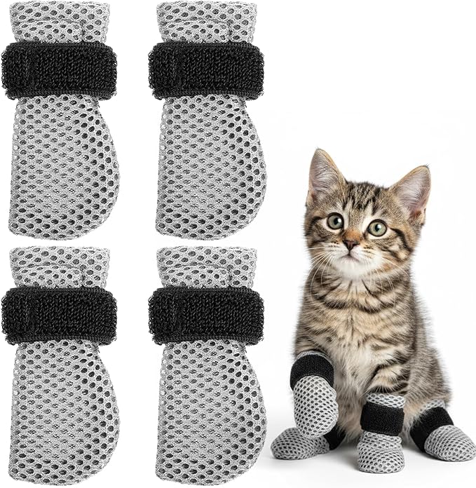 Qianyu 4 Pcs Cat Boots Anti Scratch Mittens Gloves Mesh Cat Claw Protectors Foot Covers Adjustable Breathable Kitten Shoes to Prevent Scratching for Pet Bathing Feeding Cutting Nails Trimming