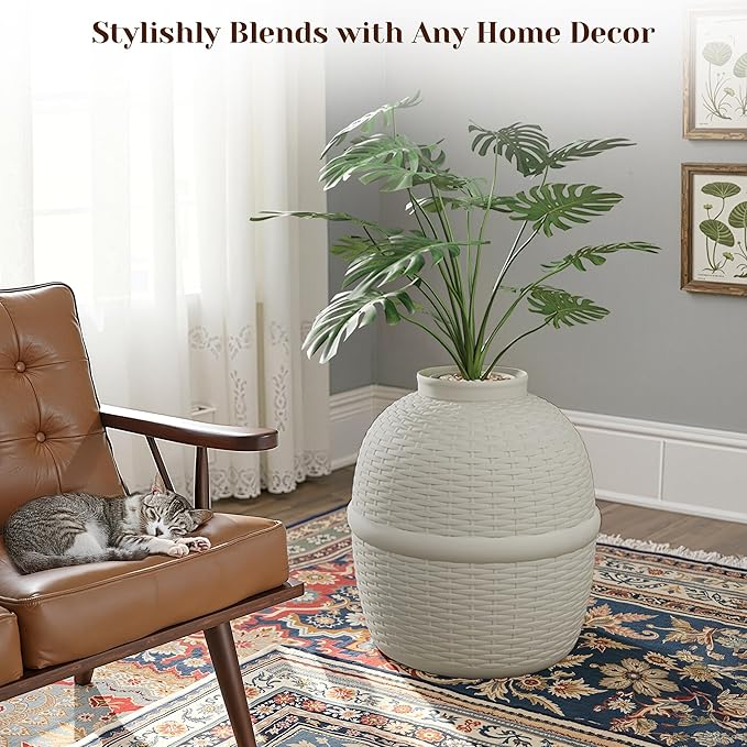FansaFurn Hidden Litter Box with Faux Plant, Large Cat Litter Box with Rattan Pattern, Heavy Duty PP Material Litter Box Enclosure Furniture for Home Decor, Light Grey