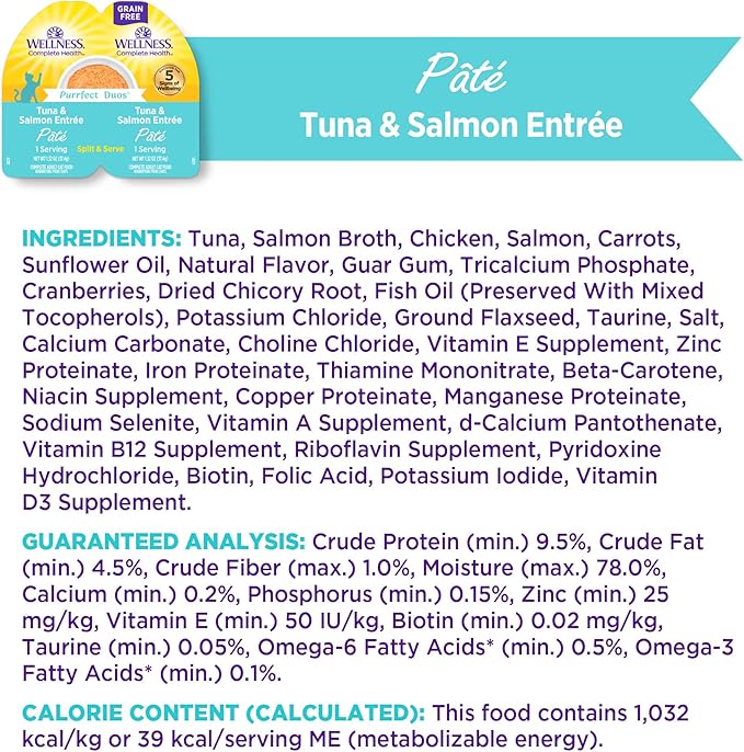 Wellness Complete Health Purrfect Duos Pate Adult Wet Cat Food, Natural, Protein Rich, Grain Free, Tuna and Salmon Entrée Recipe, 2.64 oz, Pack of 12 Split Cups
