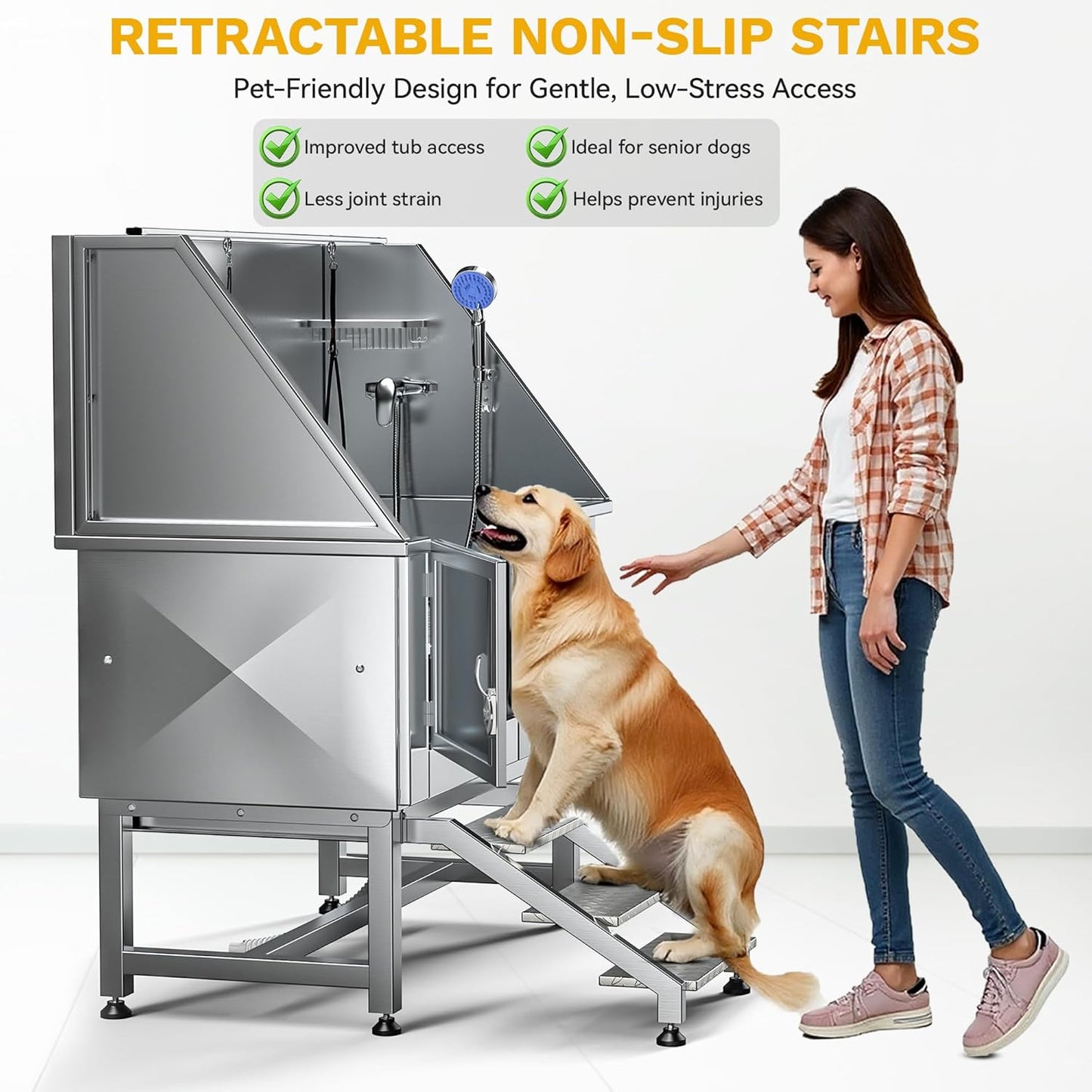 DWVO Professional Pet Dog Bathing Station for Grooming, 50'' Dog Grooming Bathtub with Left Stairs, Floor Grate, Faucet, Showerhead & Soap Holder for Large, Medium & Small Pets