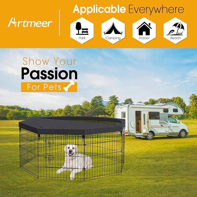 Dog Playpen Regular Octagon Metal Exercise Pet Playpen 8 Panels 24 Inch Mesh Top Cover for Small Medium Pets Indoor Outdoor(Only Cover,Playpen Not Included)(Black Top Cover)