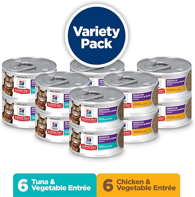 Hill's Science Diet Adult Sensitive Stomach & Skin Wet Cat Food Variety Pack, Tuna & Vegetable, Chicken & Vegetable, 2.9 oz. Cans, 12-Pack