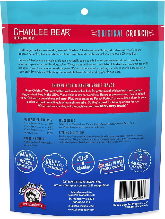 Charlee Bear Original Dog Training Treats, Low Calorie (3 Calories Each), Limited Ingredient, Chicken Soup and Garden Veggie Recipe, Natural Bite-Size Treats for Dogs, 16 Ounce