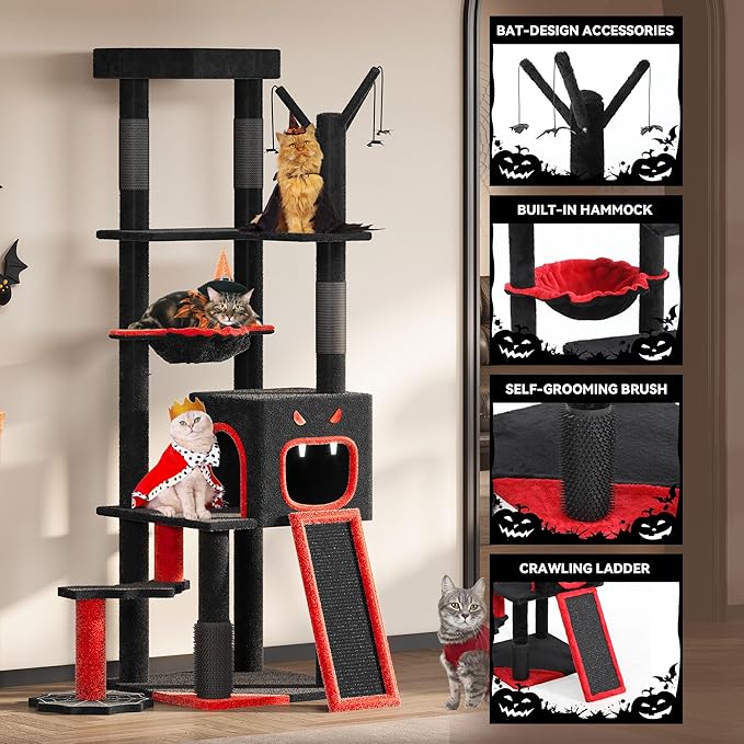 YITAHOME Gothic Cat Tree with Coffin Bed, 60" Tall Cat Tower for Indoor Cats with Top Perch, Spacious Cat Condos, Spider Hanging Balls,Comfy Basket, Scratching Post and Ladder, Black Halloween