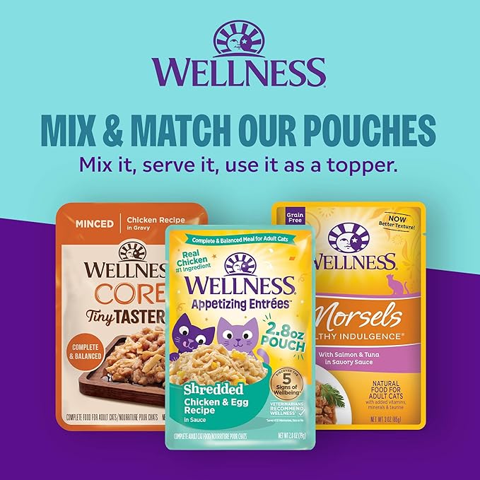Wellness Appetizing Mousse Flaked Variety Pack Adult Wet Cat Food, Natural, Protein Rich, Grain Free, Whipped Wonders, 2.8 oz, Pack of 8 Pouches