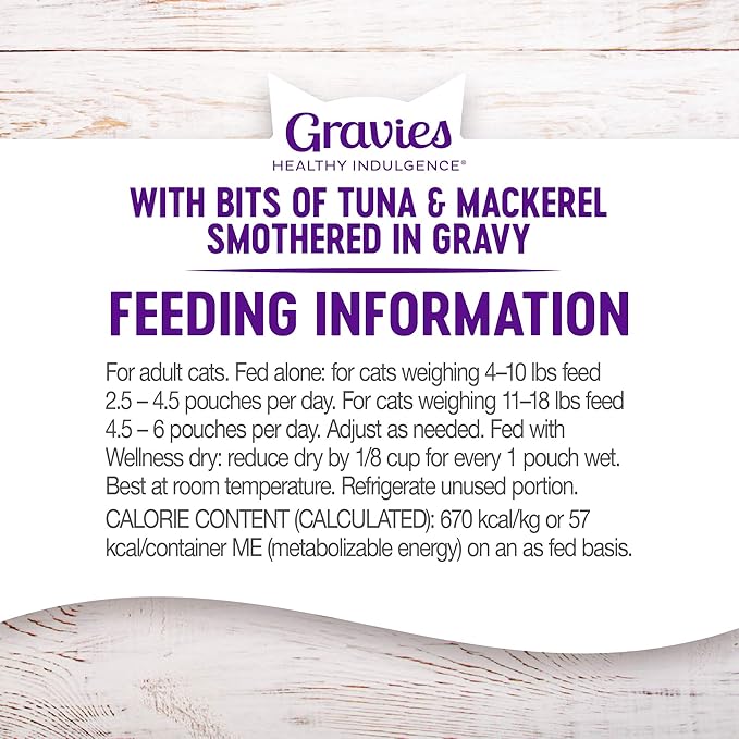 Wellness Healthy Indulgence Gravies Adult Wet Cat Food, Natural, Protein Rich, Grain Free, Tuna and Mackerel Recipe, 3 oz, Pack of 24 Pouches