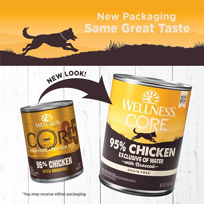 Wellness CORE 95% Adult Canned Wet Dog Food, Grain Free, Natural, Chicken and Broccoli Recipe, 12.5 oz, Pack of 12 Cans