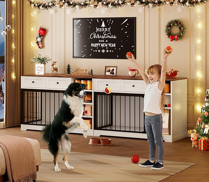 GarveeHome Dog Crate Furniture 47", Large Dog Crate TV Stand with 2 Drawers and 4 Shelves, Wooden Dog Kennel Indoor, Decorative Dog Cage with Storage for Large Dogs, White