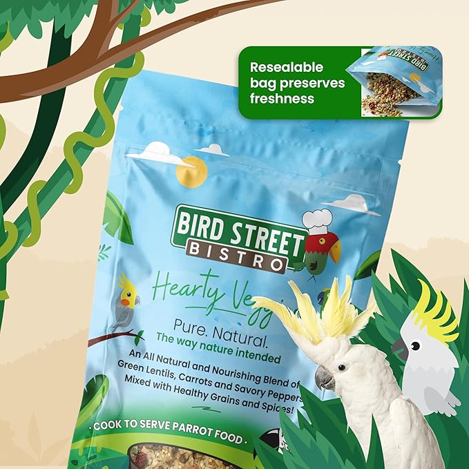 Bird Street Bistro Parrot Food for Parakeets & Cockatiels - Hearty Veggies - 20 oz - Cooks in 3-15 min, Natural Grains, Fruits & Vegetables - USA Made