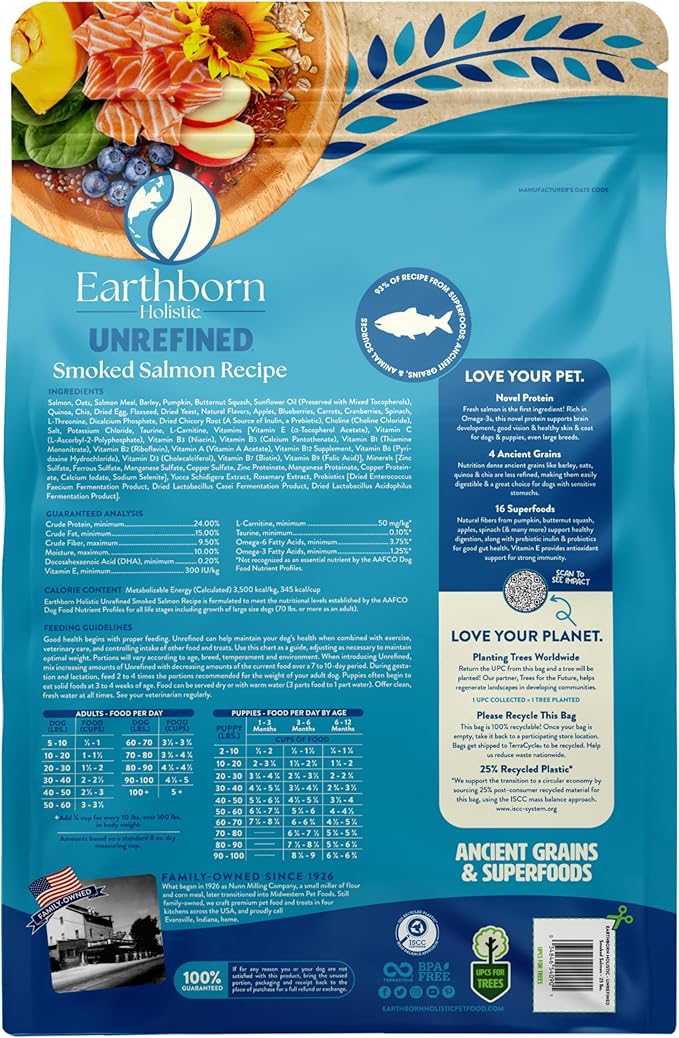 Earthborn Holistic Unrefined Smoked Salmon Ancient Grains & Superfoods All Life Stages Dry Dog Food, Pea-Free Recipe with Quinoa, Pumpkin & Flaxseed, 25 lb Bag