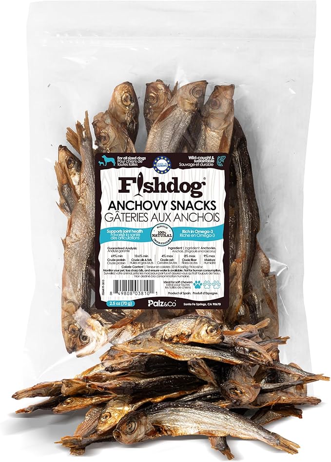 Palz&Co Fishdog Anchovy Snacks, 2.46 oz - Air-Dried Whole Anchovies, Single Ingredient Dog & Cat Treats, Grain-Free Omega-3 Rich Fish Snacks