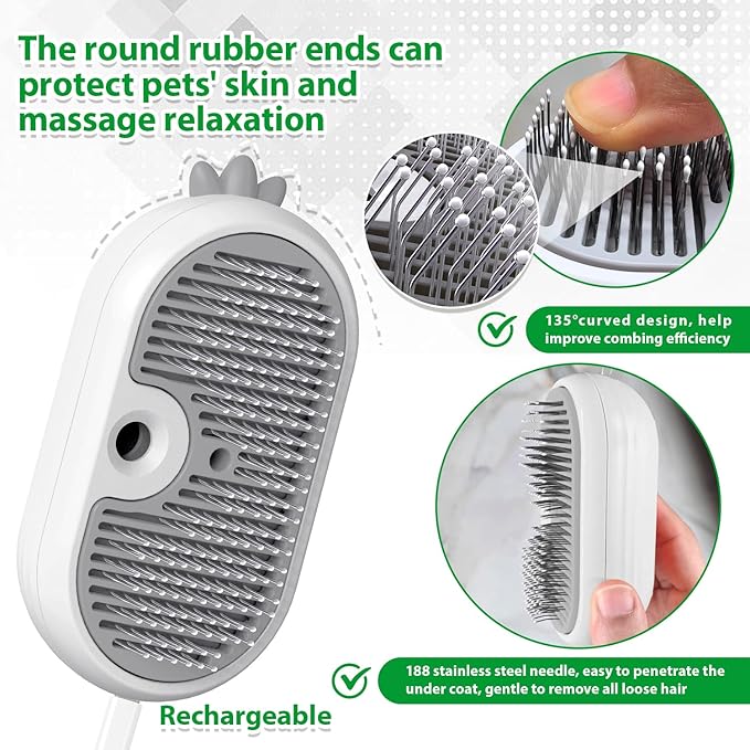 Cat Steam Brush with Release Button, 3 in 1 Rechargeable Pet Spray Water Comb for Long & Short Hair Removal, Self Cleaning Slicker Vapor Brush for Indoor Cats Dogs Rabbits Shedding Grooming