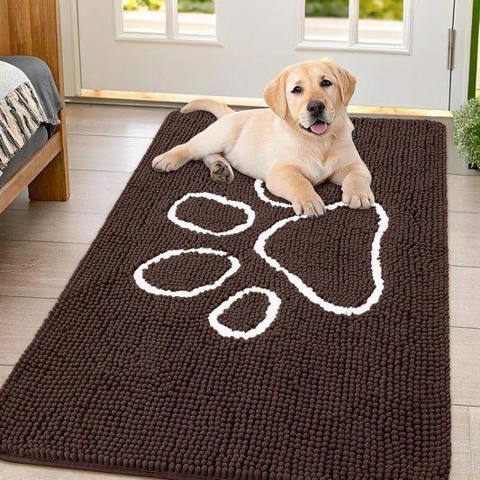 Smiry Dog Door Mat for Muddy Paws, Absorbent Dirt Trapper Non Slip Quick Dry Washable Chenille Mat for Mud Dogs, Entry Rug for Indoor and Outdoor (47x32 Inches, Brown and White)