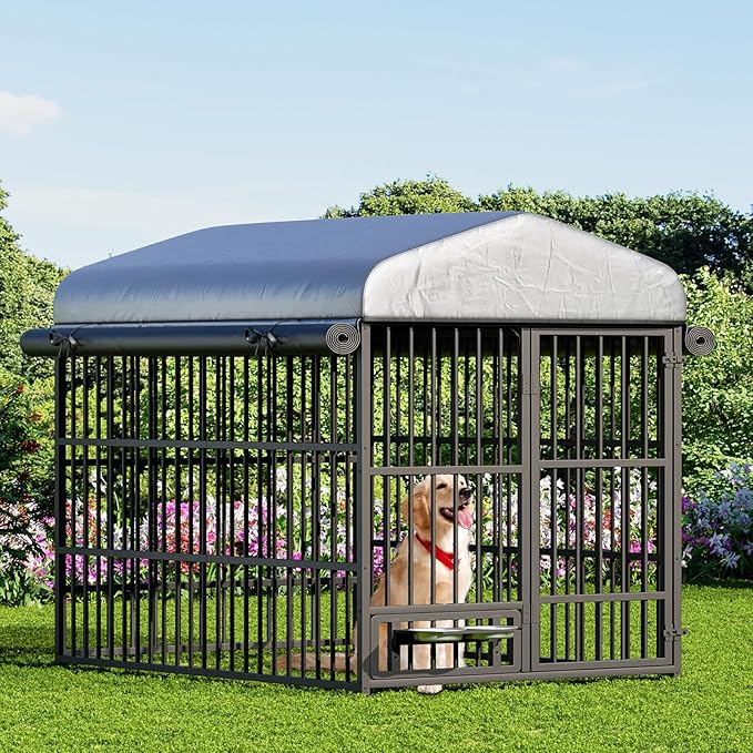 HOOBRO Dog Kennel Outdoor with Cover, 6.6 x 3.9 x 5.9 ft Dog Kennel Outside with Waterproof Roof and Rotating Feeding Bowls, Heavy-Duty Large Cage Enclosure, for Medium & Large Dogs, Black BK212GW03