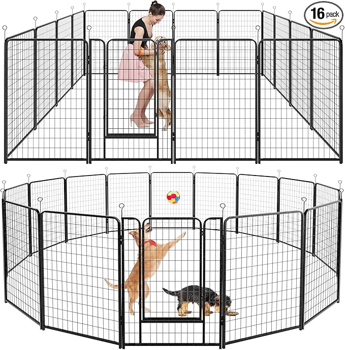 Kfvigoho Dog Playpen Outdoor Extra Wide 16 Piece Panels Heavy Duty Dog Fence 50" Height Anti-Rust with Doors Portable for RV Camping Yard, Total 42FT, 140 Sq.ft, Snowy Black
