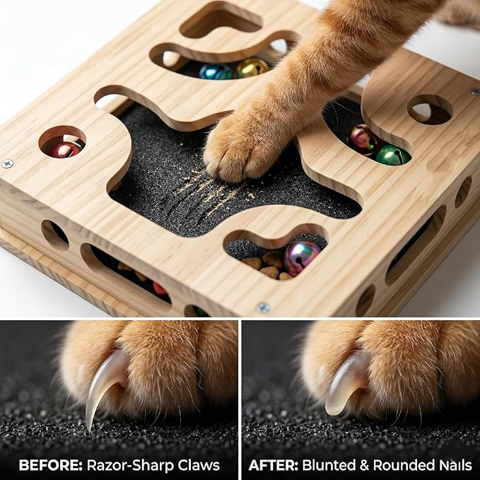 EIODEAR Cat Nail File Scratcher with 3 Sandpaper Pads, 4 Bell Balls, 8 Screw, Solid Wood Cat Scratch Puzzle Enrichment Box Nail Filer Box Toy to File Nails, Cat Treat Box for Treat-Motivated Cats