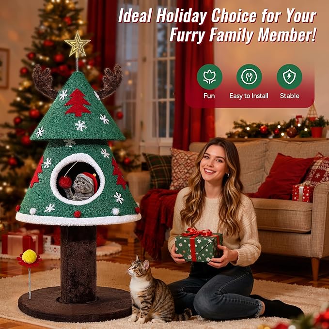 DWVO Christmas Cat Houses for Indoor Cats, Christmas Cat Tree Tower with 2 Cozy Houses, Kitty Furniture with Teaser Plaything for Christmas Decoration