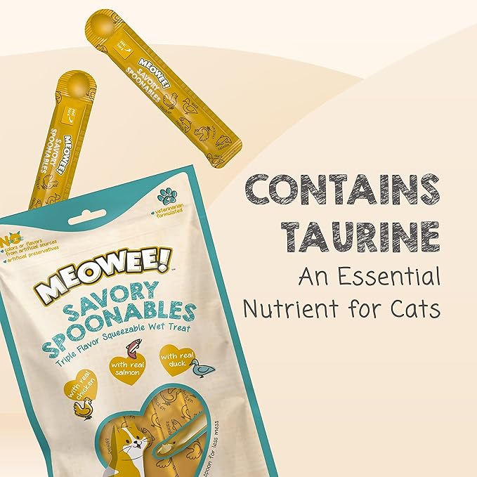 MEOWEE! Savory Spoonables with Real Chicken, Salmon and Duck for Cats, 8 Count, Treat Your Cat to Triple Flavor Squeezable Lickable Wet Treats with Built-in Spoon for Less Mess (Pack of 2)