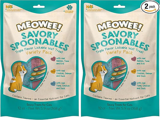 MEOWEE! Savory Spoonables Variety Pack, 12 Count Tube, Triple Flavor Squeezable Lickable Wet Treats for Cats with Built-in Spoon for Less Mess (Pack of 2)