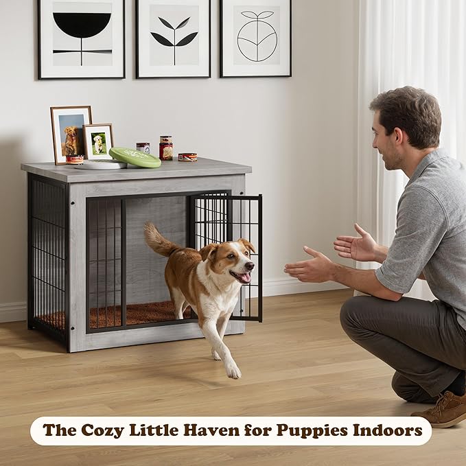 Dog Crate Furniture with Thick Cushion, Side End Table Wooden Dog Cage with Double Doors, Chew-Resistant Dog Kennel Dog House Indoor for Small to Large Dog