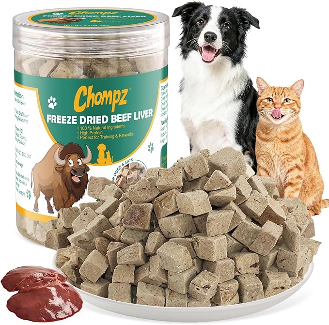 Chompz Freeze-Dried Beef Liver Treats for Dogs & Cats, Healthy Pet Training Treats or Food Topper, Single Ingredient High-Protein 4.23oz