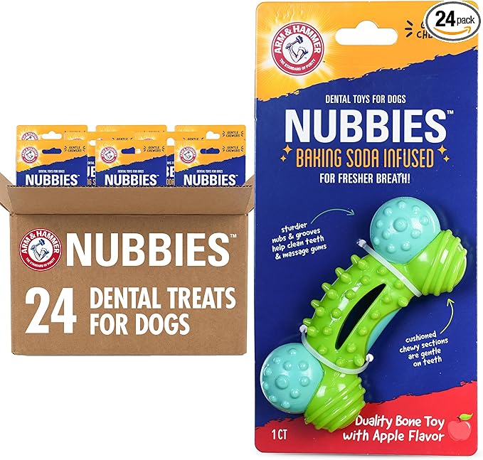Arm & Hammer Nubbies Duality Bone Dog Dental Chew Toy, Green Apple Flavor, Baking Soda Infused, Nubby Grooves Reduce Plaque and Tartar, No Stuffing, for Moderate Chewers - 24 Pack