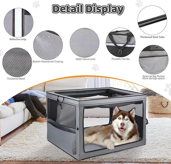 Portable Dog Crate Soft Dog Crate 22",30",36",42" Foldable Basic Dog Crates Easy Set-up, Light, Sturdy, Comfy，Collapsible Crate for Home and Travel (42Inch)