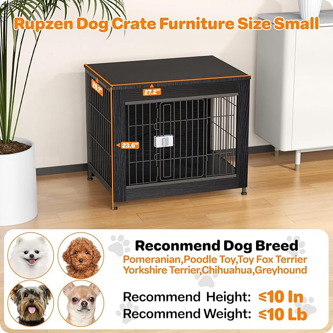Escape Proof Decorative Dog Crate Furniture with Wooden Top, 27in Furniture Style End Table and Secure Indoor Kennel, Anti Anxiety for All Breeds, Black