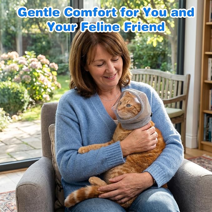 Adjustable Cat Muzzle for Grooming Biting Prevention Breathable TPU Cats Pet Head Cover Cats Helmet for Grooming with Transparent Anti-Bite Bubble Muzzle for Nail Trimming Bathing Vet Visits(M)