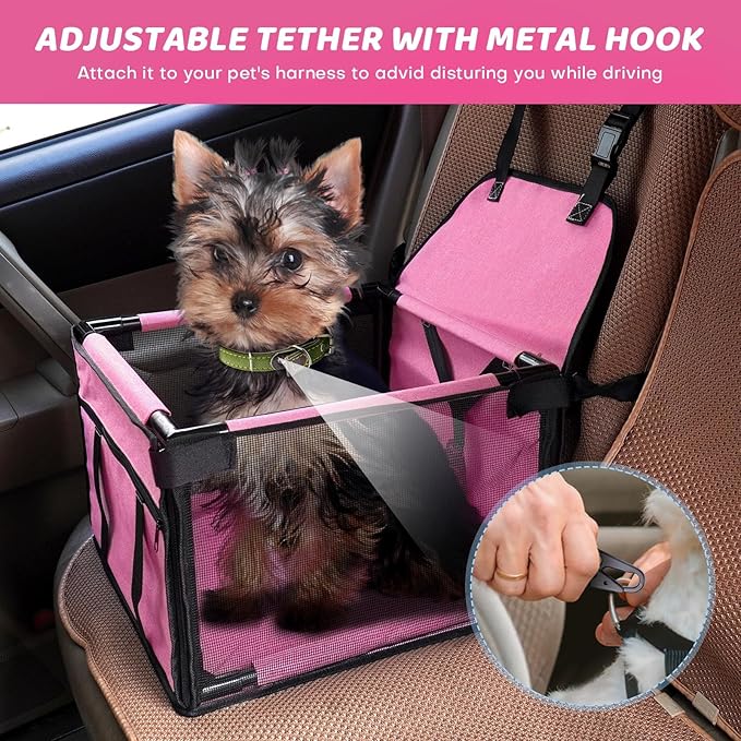 GENORTH Dog Car Seats for Small and Medium Dogs,Portable Puppy/Pet Car Booster Seat with Clip-On Leash and Mesh Window for Pet Up to 20 lbs