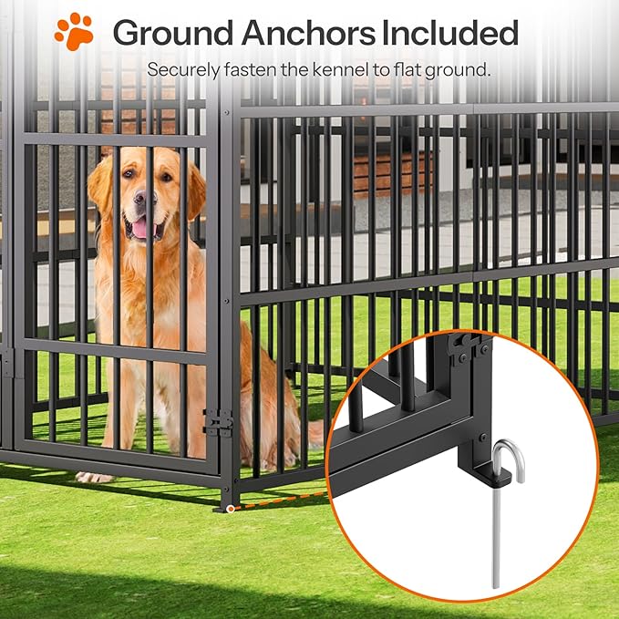 HOOBRO Dog Kennel Outdoor with Cover, 6.6 x 3.9 x 5.9 ft Dog Kennel Outside with Waterproof Roof and Rotating Feeding Bowls, Heavy-Duty Large Cage Enclosure, for Medium & Large Dogs, Black BK212GW03